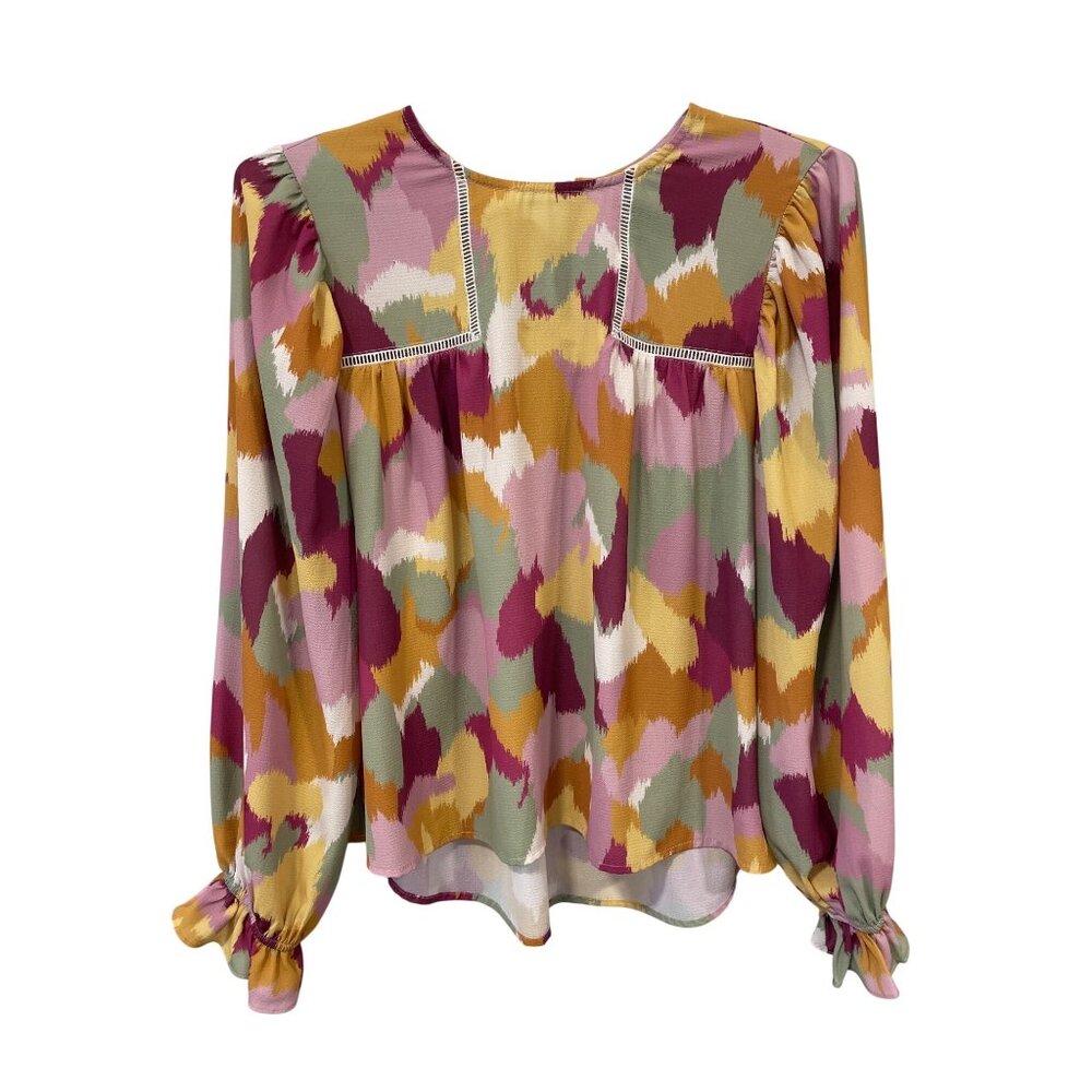 Fate Blouse Size Medium Abstract Print Long Sleeve Ruffled Cuffs Multicolor Chic